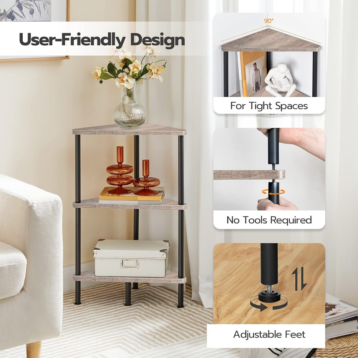 Corner Shelf Stand, Industrial 3-Tier Wall Corner Bookshelf with Metal Frame, Plant Display Shelf, Bookcase for Small Spaces, Living Room, Greige and Black BG30CJ01