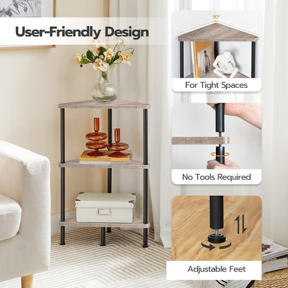 Corner Shelf Stand, Industrial 3-Tier Wall Corner Bookshelf with Metal Frame, Plant Display Shelf, Bookcase for Small Spaces, Living Room, Greige and Black BG30CJ01