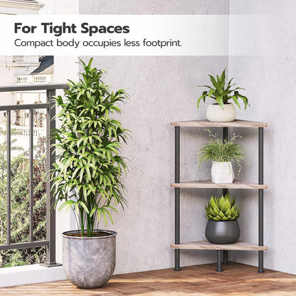 Corner Shelf Stand, Industrial 3-Tier Wall Corner Bookshelf with Metal Frame, Plant Display Shelf, Bookcase for Small Spaces, Living Room, Greige and Black BG30CJ01