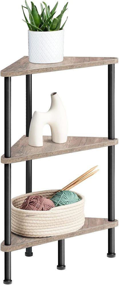Corner Shelf Stand, Industrial 3-Tier Wall Corner Bookshelf with Metal Frame, Plant Display Shelf, Bookcase for Small Spaces, Living Room, Greige and Black BG30CJ01
