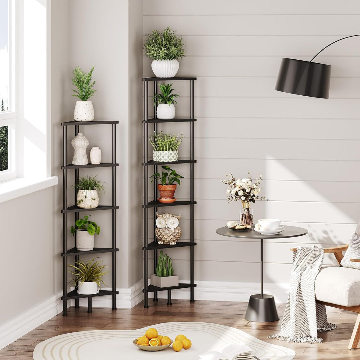 Corner Shelf Stand, Industrial 3-Tier Wall Corner Bookshelf with Metal Frame, Plant Display Shelf, Bookcase for Small Spaces, Living Room, Greige and Black BG30CJ01