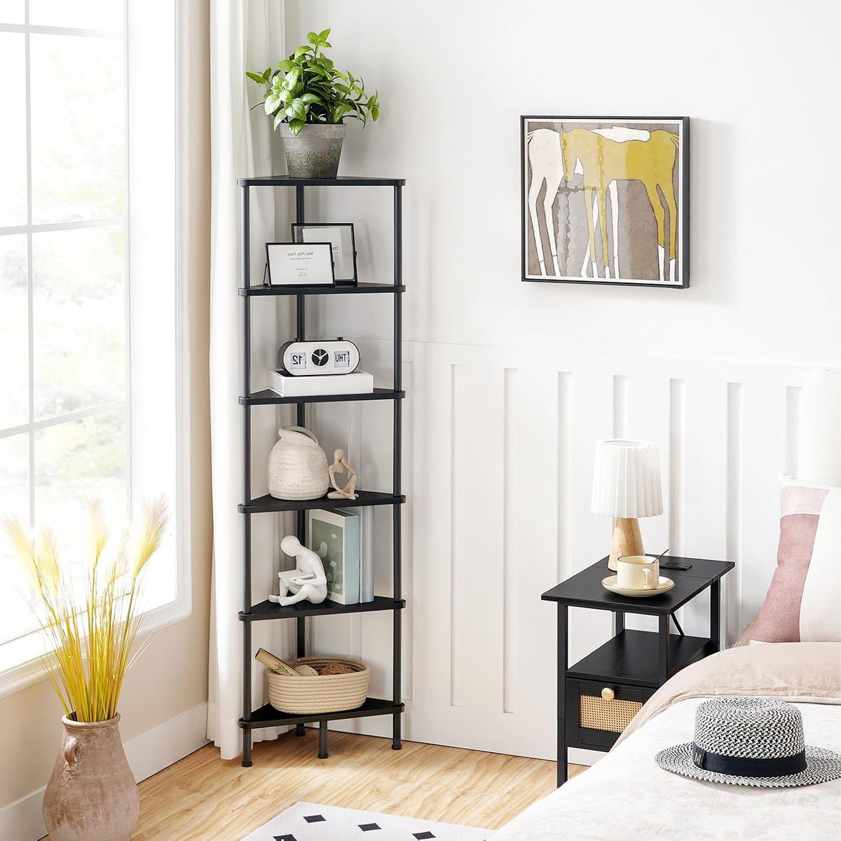 Corner Shelf Stand, Industrial 3-Tier Wall Corner Bookshelf with Metal Frame, Plant Display Shelf, Bookcase for Small Spaces, Living Room, Greige and Black BG30CJ01