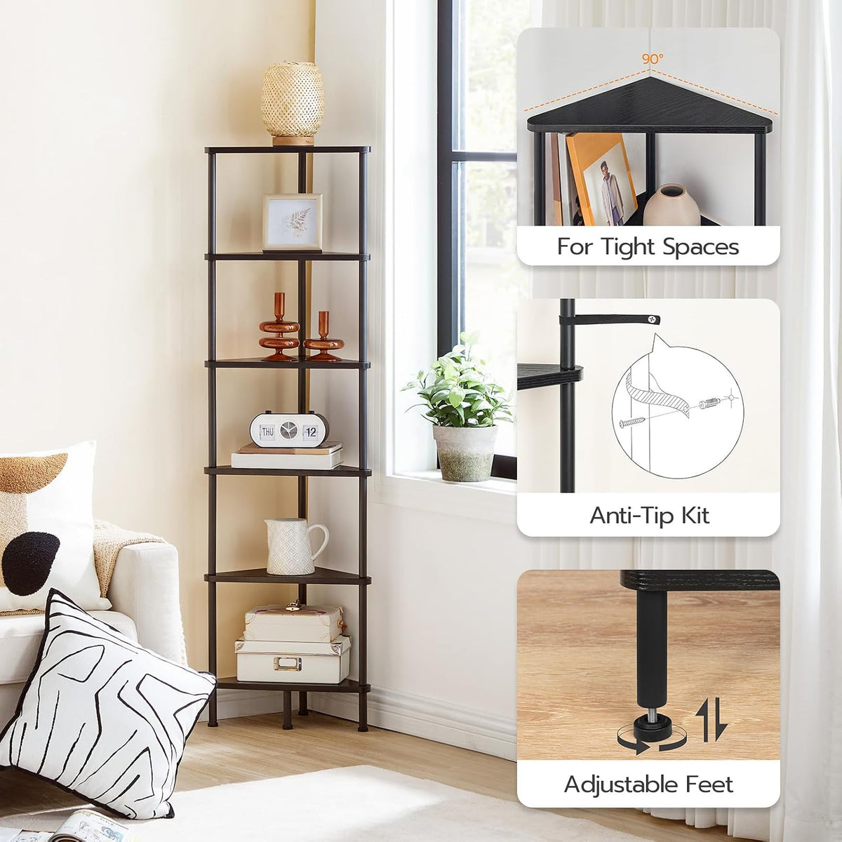 Corner Shelf Stand, Industrial 3-Tier Wall Corner Bookshelf with Metal Frame, Plant Display Shelf, Bookcase for Small Spaces, Living Room, Greige and Black BG30CJ01