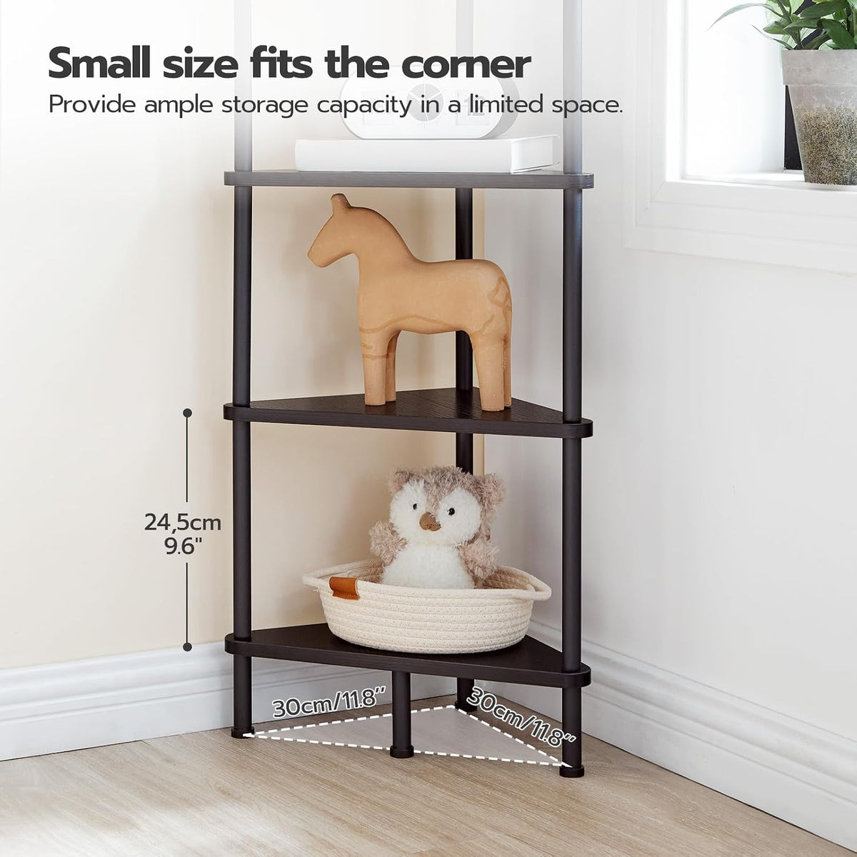 Corner Shelf Stand, Industrial 3-Tier Wall Corner Bookshelf with Metal Frame, Plant Display Shelf, Bookcase for Small Spaces, Living Room, Greige and Black BG30CJ01