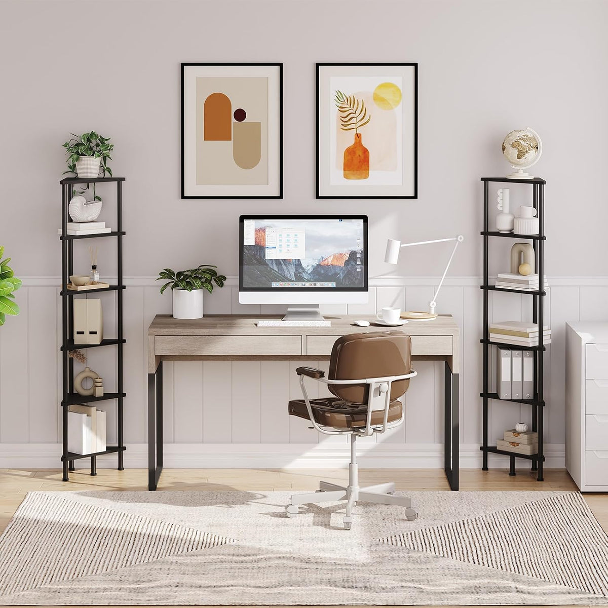Corner Shelf Stand, Industrial 3-Tier Wall Corner Bookshelf with Metal Frame, Plant Display Shelf, Bookcase for Small Spaces, Living Room, Greige and Black BG30CJ01