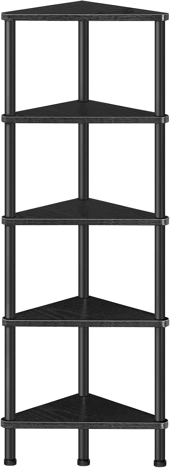 Corner Shelf Stand, Industrial 3-Tier Wall Corner Bookshelf with Metal Frame, Plant Display Shelf, Bookcase for Small Spaces, Living Room, Greige and Black BG30CJ01