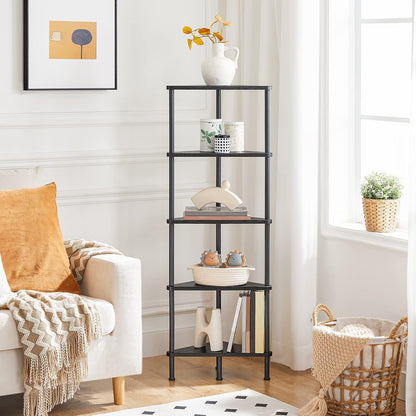 Corner Shelf Stand, Industrial 3-Tier Wall Corner Bookshelf with Metal Frame, Plant Display Shelf, Bookcase for Small Spaces, Living Room, Greige and Black BG30CJ01