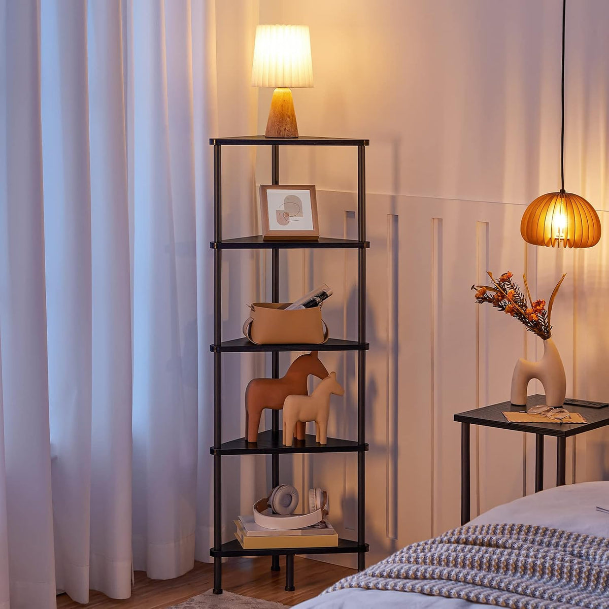 Corner Shelf Stand, Industrial 3-Tier Wall Corner Bookshelf with Metal Frame, Plant Display Shelf, Bookcase for Small Spaces, Living Room, Greige and Black BG30CJ01