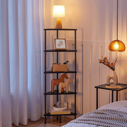 Corner Shelf Stand, Industrial 3-Tier Wall Corner Bookshelf with Metal Frame, Plant Display Shelf, Bookcase for Small Spaces, Living Room, Greige and Black BG30CJ01