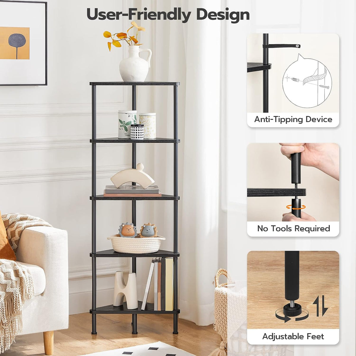 Corner Shelf Stand, Industrial 3-Tier Wall Corner Bookshelf with Metal Frame, Plant Display Shelf, Bookcase for Small Spaces, Living Room, Greige and Black BG30CJ01