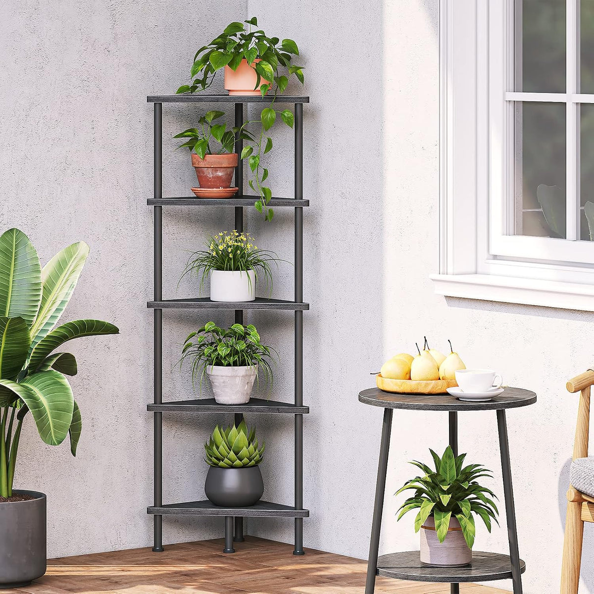 Corner Shelf Stand, Industrial 3-Tier Wall Corner Bookshelf with Metal Frame, Plant Display Shelf, Bookcase for Small Spaces, Living Room, Greige and Black BG30CJ01