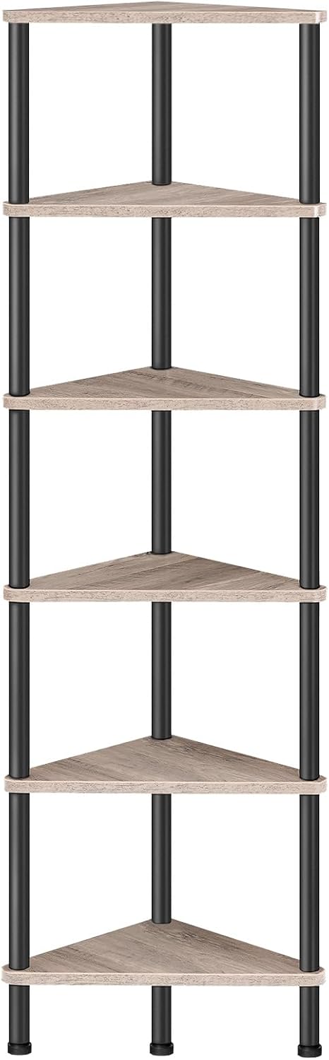 Corner Shelf Stand, Industrial 3-Tier Wall Corner Bookshelf with Metal Frame, Plant Display Shelf, Bookcase for Small Spaces, Living Room, Greige and Black BG30CJ01