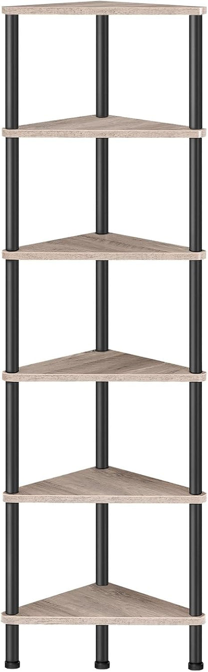 Corner Shelf Stand, Industrial 3-Tier Wall Corner Bookshelf with Metal Frame, Plant Display Shelf, Bookcase for Small Spaces, Living Room, Greige and Black BG30CJ01