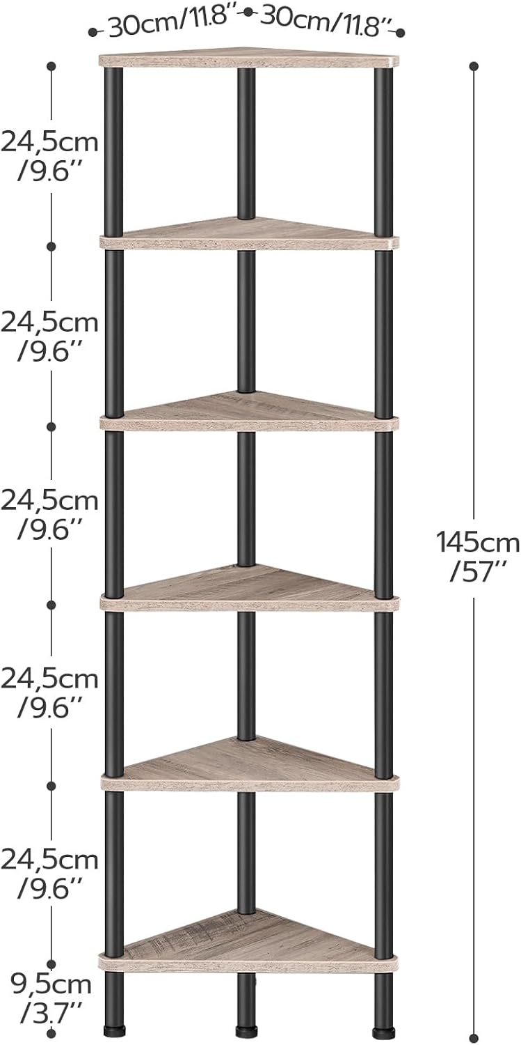 Corner Shelf Stand, Industrial 3-Tier Wall Corner Bookshelf with Metal Frame, Plant Display Shelf, Bookcase for Small Spaces, Living Room, Greige and Black BG30CJ01