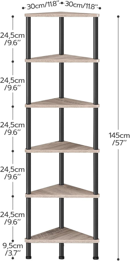 Corner Shelf Stand, Industrial 3-Tier Wall Corner Bookshelf with Metal Frame, Plant Display Shelf, Bookcase for Small Spaces, Living Room, Greige and Black BG30CJ01