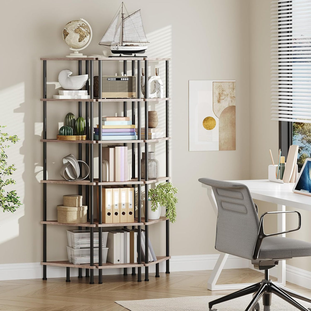 Corner Shelf Stand, Industrial 3-Tier Wall Corner Bookshelf with Metal Frame, Plant Display Shelf, Bookcase for Small Spaces, Living Room, Greige and Black BG30CJ01