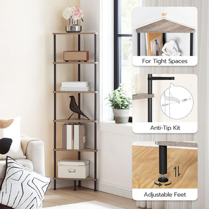 Corner Shelf Stand, Industrial 3-Tier Wall Corner Bookshelf with Metal Frame, Plant Display Shelf, Bookcase for Small Spaces, Living Room, Greige and Black BG30CJ01