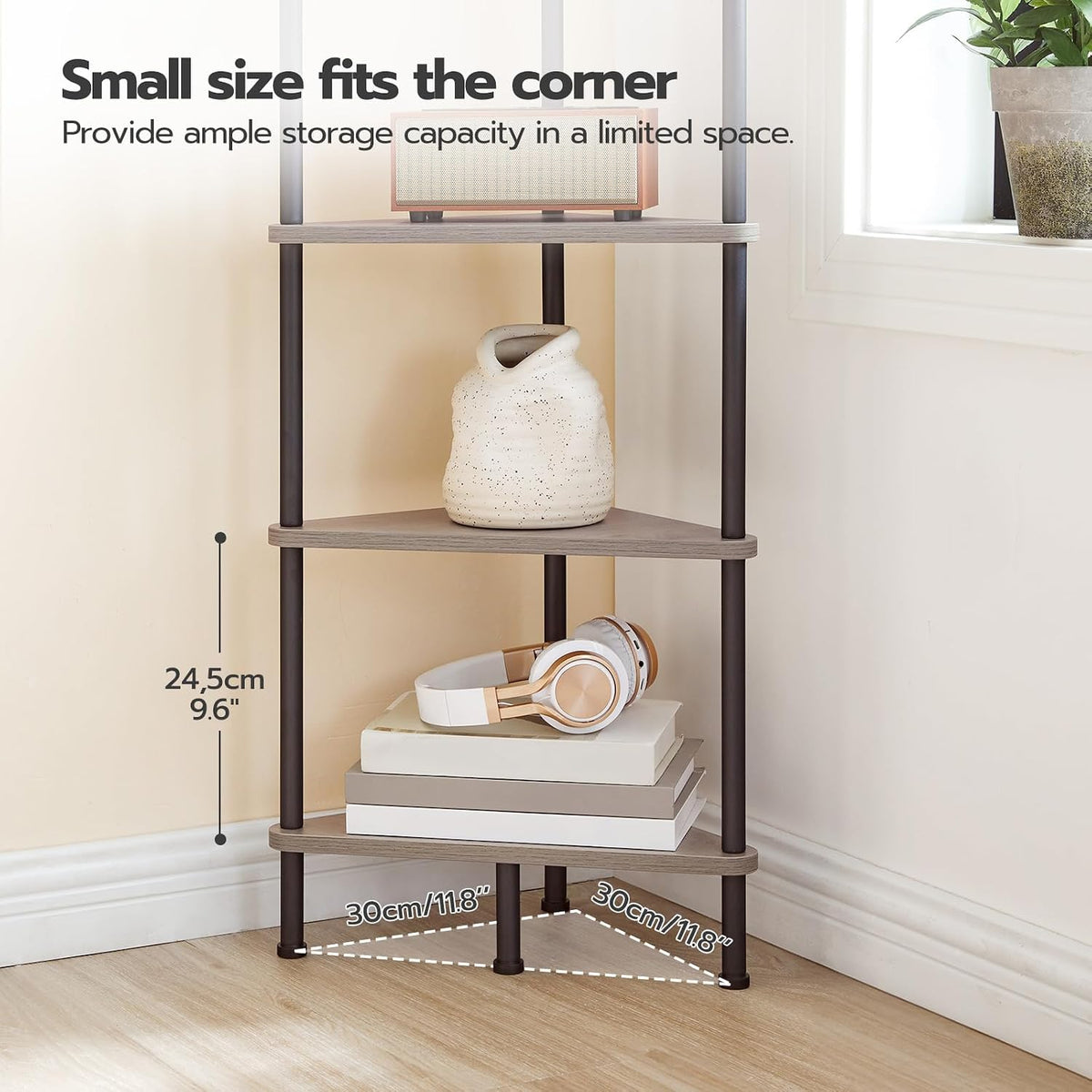 Corner Shelf Stand, Industrial 3-Tier Wall Corner Bookshelf with Metal Frame, Plant Display Shelf, Bookcase for Small Spaces, Living Room, Greige and Black BG30CJ01
