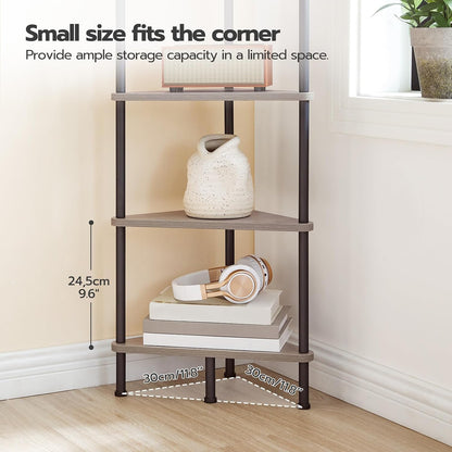 Corner Shelf Stand, Industrial 3-Tier Wall Corner Bookshelf with Metal Frame, Plant Display Shelf, Bookcase for Small Spaces, Living Room, Greige and Black BG30CJ01