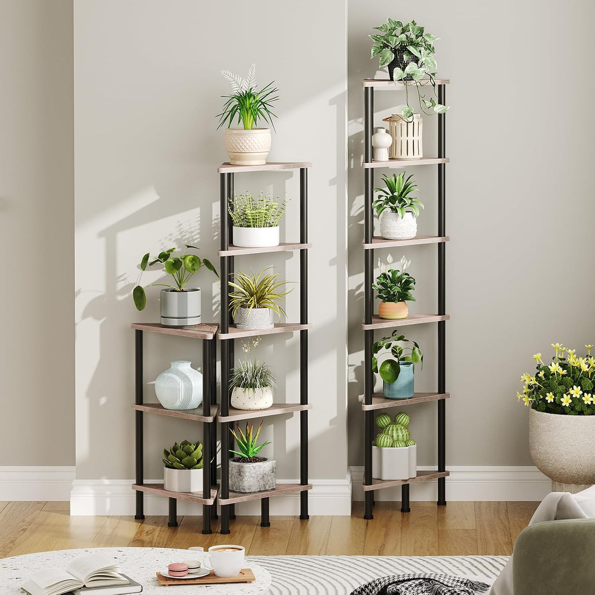Corner Shelf Stand, Industrial 3-Tier Wall Corner Bookshelf with Metal Frame, Plant Display Shelf, Bookcase for Small Spaces, Living Room, Greige and Black BG30CJ01