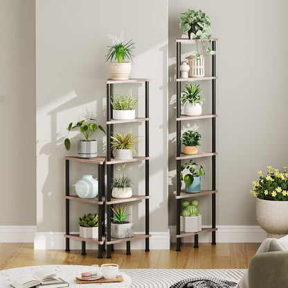 Corner Shelf Stand, Industrial 3-Tier Wall Corner Bookshelf with Metal Frame, Plant Display Shelf, Bookcase for Small Spaces, Living Room, Greige and Black BG30CJ01