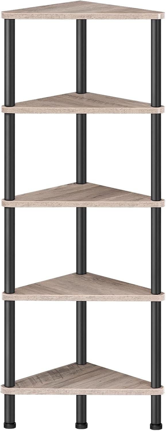 Corner Shelf Stand, Industrial 3-Tier Wall Corner Bookshelf with Metal Frame, Plant Display Shelf, Bookcase for Small Spaces, Living Room, Greige and Black BG30CJ01