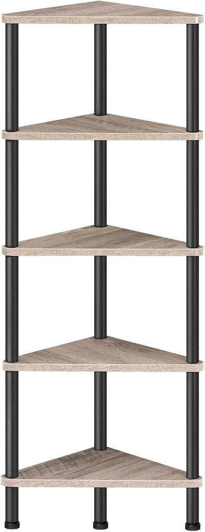 Corner Shelf Stand, Industrial 3-Tier Wall Corner Bookshelf with Metal Frame, Plant Display Shelf, Bookcase for Small Spaces, Living Room, Greige and Black BG30CJ01