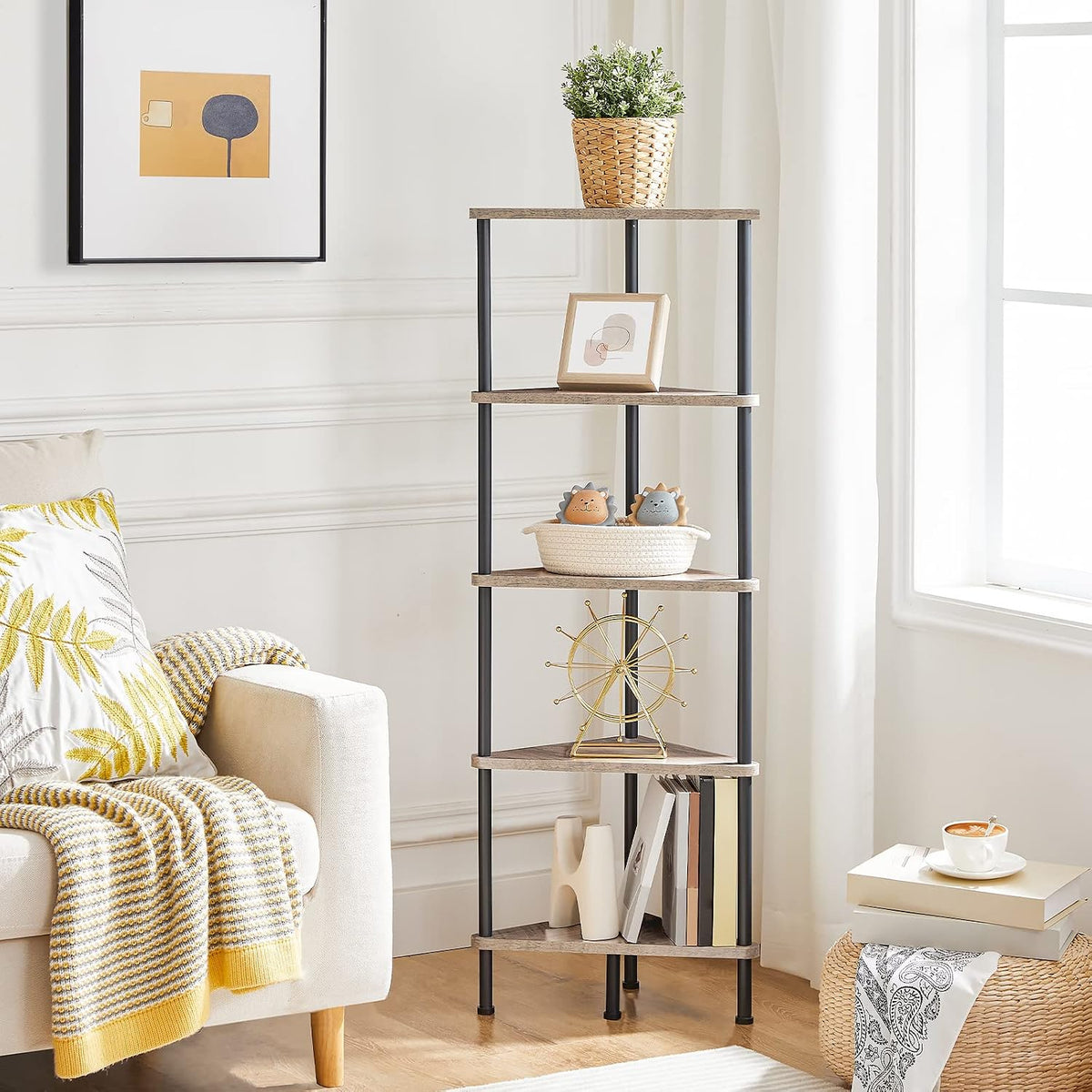 Corner Shelf Stand, Industrial 3-Tier Wall Corner Bookshelf with Metal Frame, Plant Display Shelf, Bookcase for Small Spaces, Living Room, Greige and Black BG30CJ01