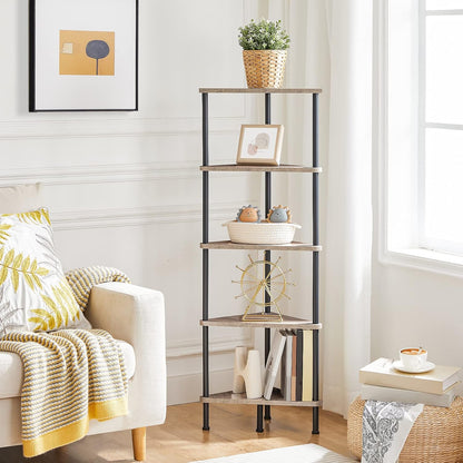 Corner Shelf Stand, Industrial 3-Tier Wall Corner Bookshelf with Metal Frame, Plant Display Shelf, Bookcase for Small Spaces, Living Room, Greige and Black BG30CJ01