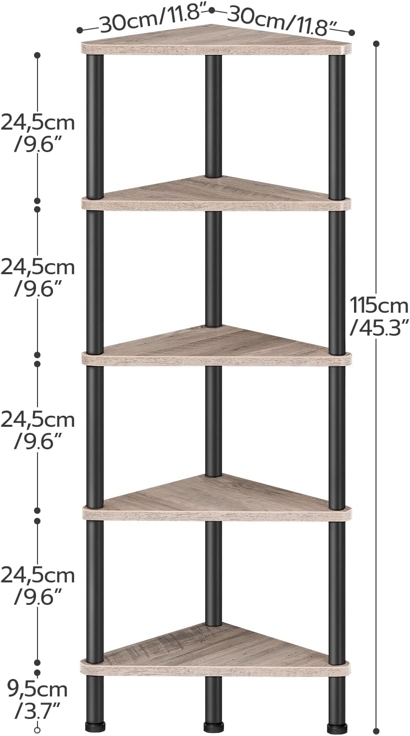 Corner Shelf Stand, Industrial 3-Tier Wall Corner Bookshelf with Metal Frame, Plant Display Shelf, Bookcase for Small Spaces, Living Room, Greige and Black BG30CJ01