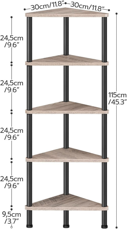 Corner Shelf Stand, Industrial 3-Tier Wall Corner Bookshelf with Metal Frame, Plant Display Shelf, Bookcase for Small Spaces, Living Room, Greige and Black BG30CJ01