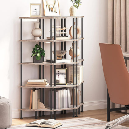 Corner Shelf Stand, Industrial 3-Tier Wall Corner Bookshelf with Metal Frame, Plant Display Shelf, Bookcase for Small Spaces, Living Room, Greige and Black BG30CJ01