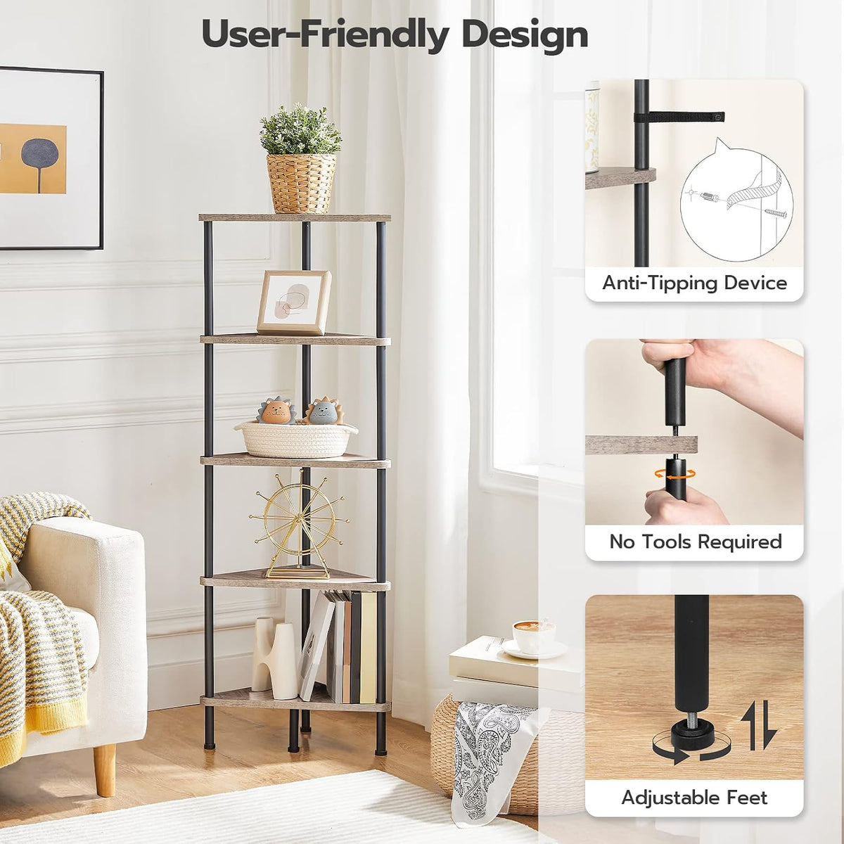 Corner Shelf Stand, Industrial 3-Tier Wall Corner Bookshelf with Metal Frame, Plant Display Shelf, Bookcase for Small Spaces, Living Room, Greige and Black BG30CJ01