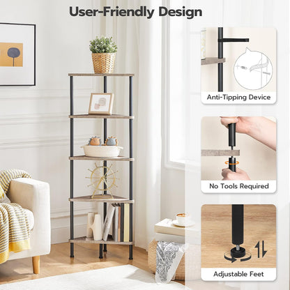 Corner Shelf Stand, Industrial 3-Tier Wall Corner Bookshelf with Metal Frame, Plant Display Shelf, Bookcase for Small Spaces, Living Room, Greige and Black BG30CJ01