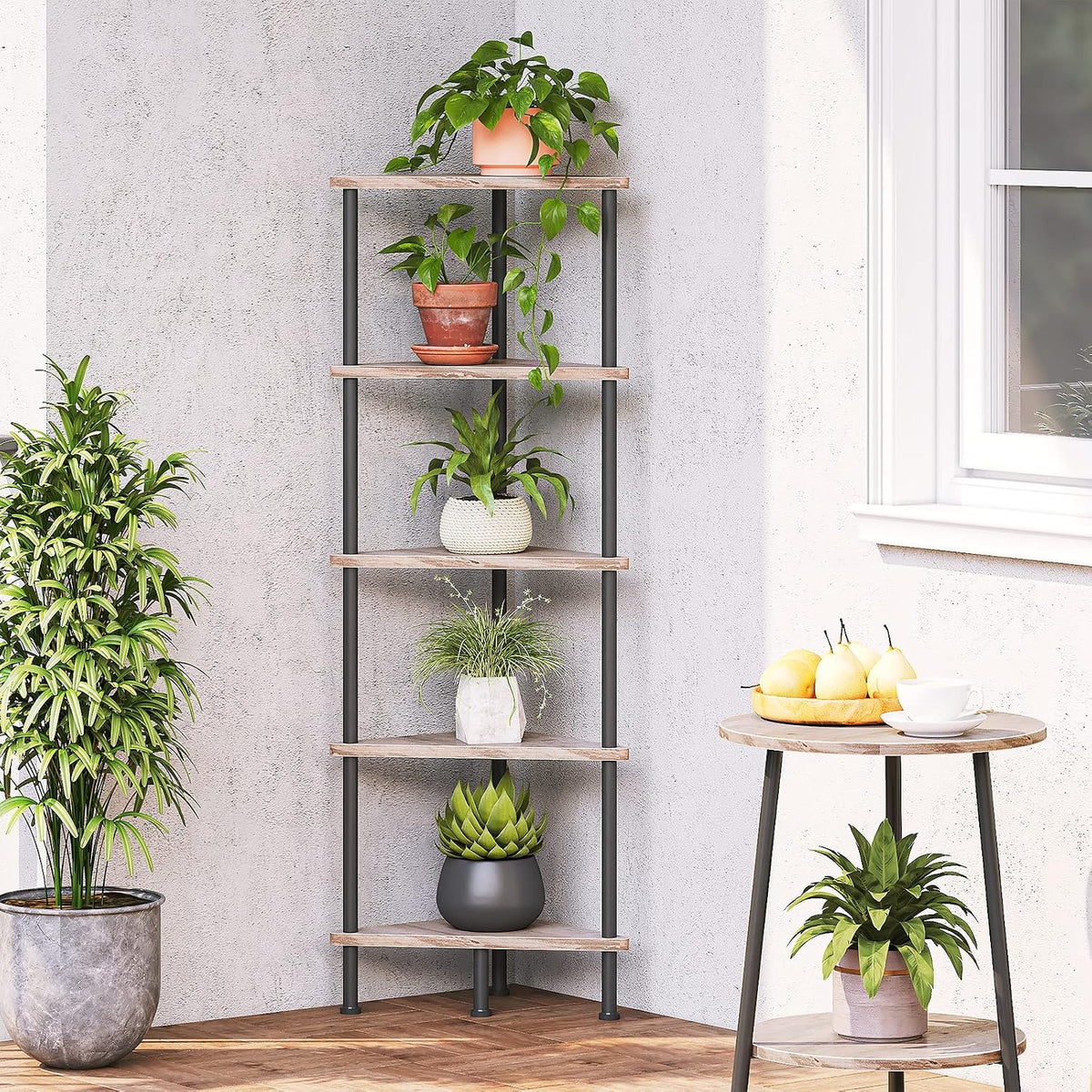 Corner Shelf Stand, Industrial 3-Tier Wall Corner Bookshelf with Metal Frame, Plant Display Shelf, Bookcase for Small Spaces, Living Room, Greige and Black BG30CJ01