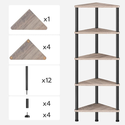 Corner Shelf Stand, Industrial 3-Tier Wall Corner Bookshelf with Metal Frame, Plant Display Shelf, Bookcase for Small Spaces, Living Room, Greige and Black BG30CJ01