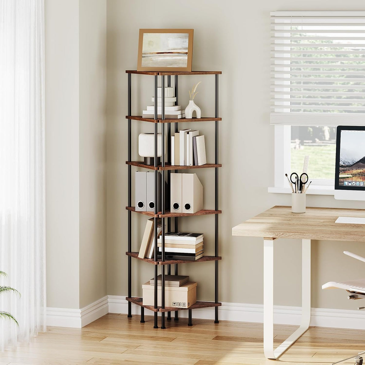 Corner Shelf Stand, Industrial 3-Tier Wall Corner Bookshelf with Metal Frame, Plant Display Shelf, Bookcase for Small Spaces, Living Room, Greige and Black BG30CJ01