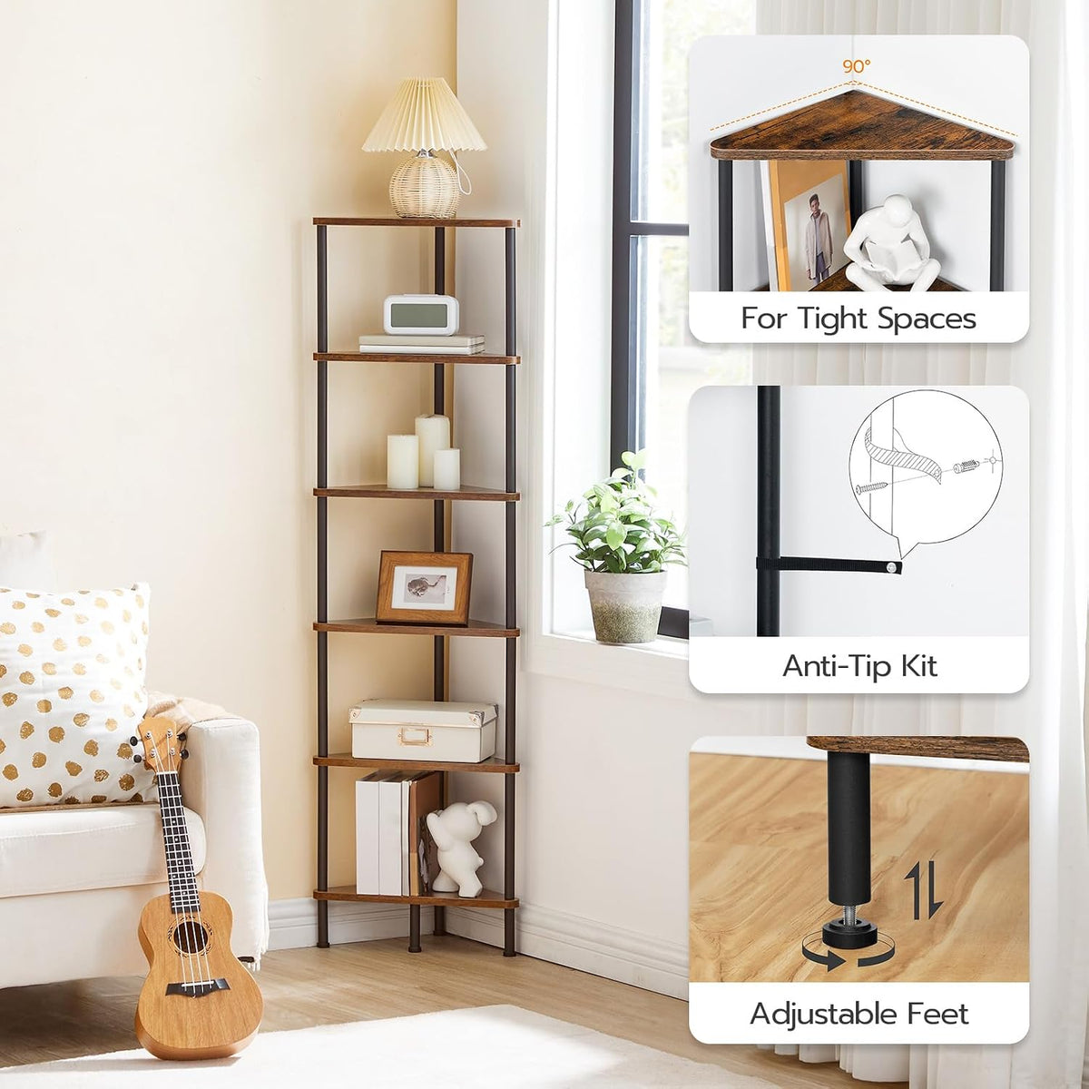 Corner Shelf Stand, Industrial 3-Tier Wall Corner Bookshelf with Metal Frame, Plant Display Shelf, Bookcase for Small Spaces, Living Room, Greige and Black BG30CJ01