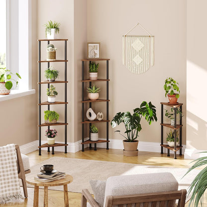 Corner Shelf Stand, Industrial 3-Tier Wall Corner Bookshelf with Metal Frame, Plant Display Shelf, Bookcase for Small Spaces, Living Room, Greige and Black BG30CJ01
