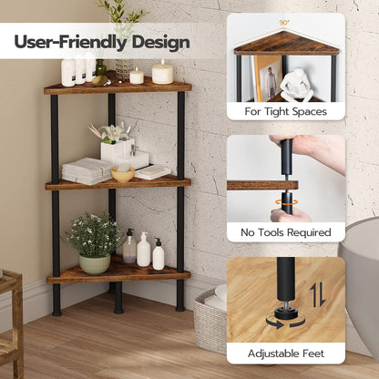 Corner Shelf Stand, Industrial 3-Tier Wall Corner Bookshelf with Metal Frame, Plant Display Shelf, Bookcase for Small Spaces, Living Room, Greige and Black BG30CJ01
