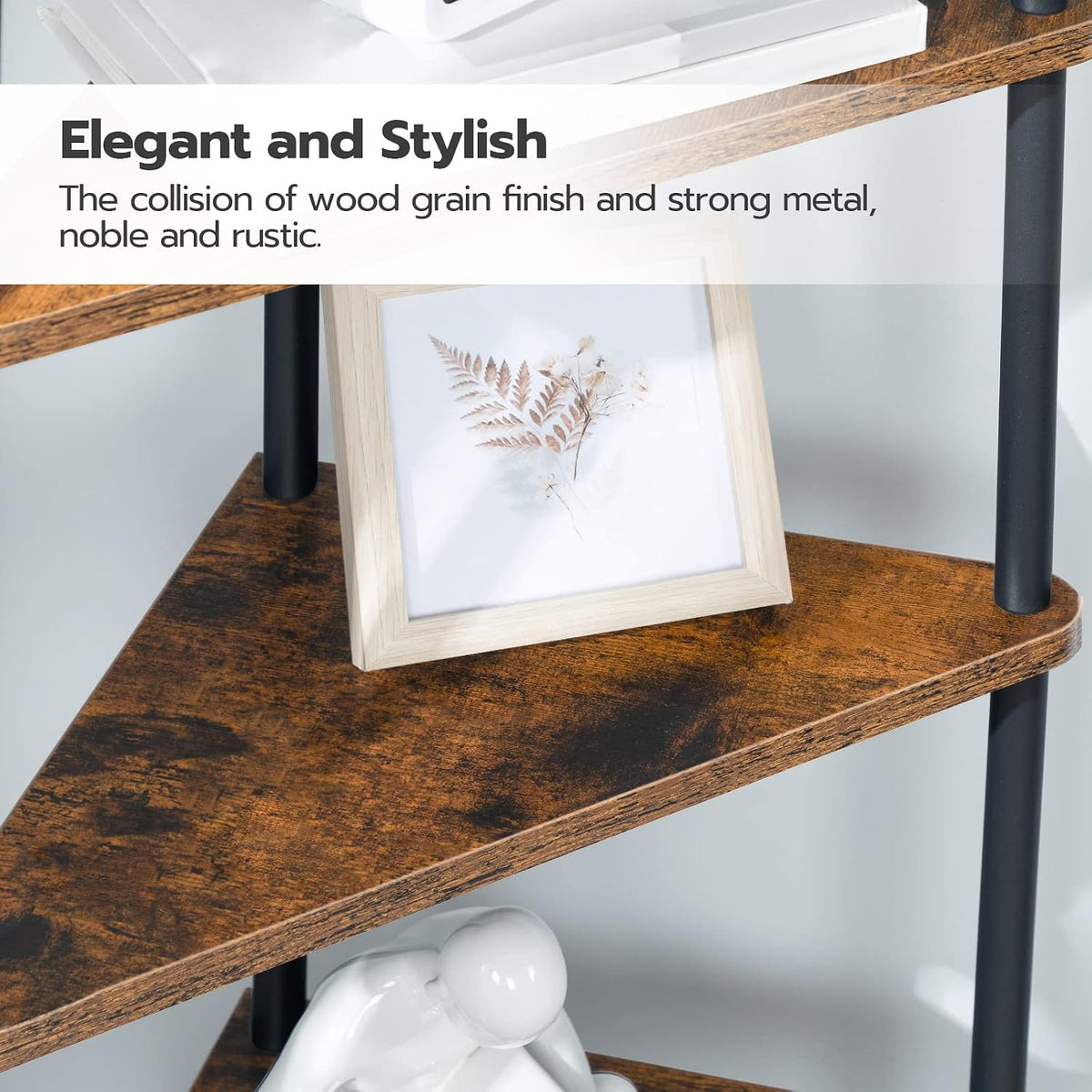 Corner Shelf Stand, Industrial 3-Tier Wall Corner Bookshelf with Metal Frame, Plant Display Shelf, Bookcase for Small Spaces, Living Room, Greige and Black BG30CJ01