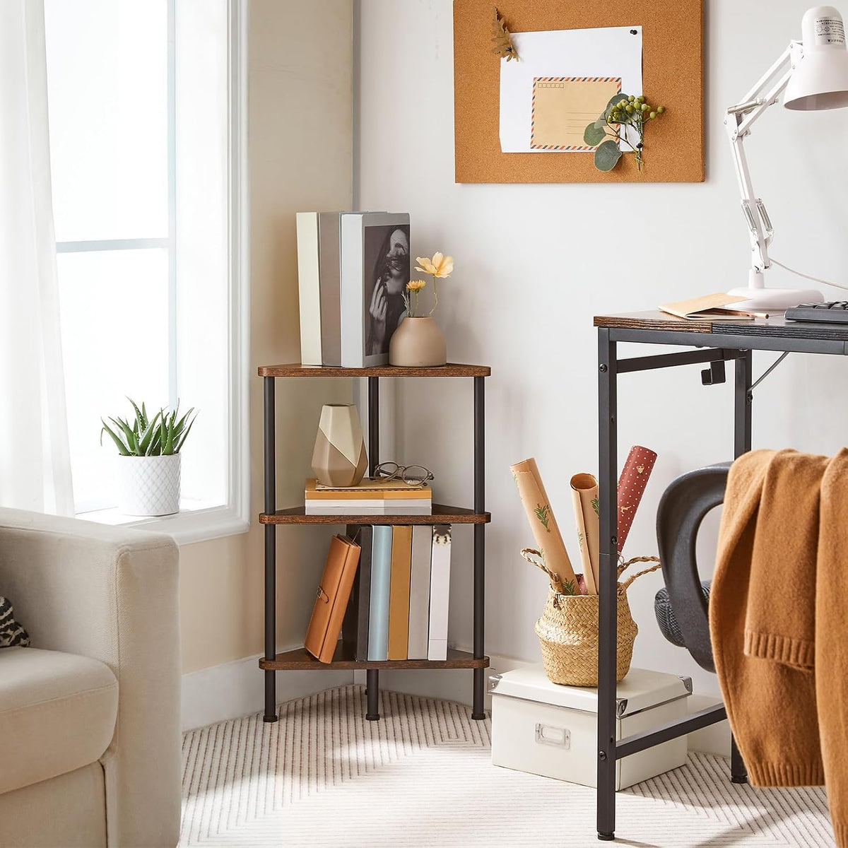Corner Shelf Stand, Industrial 3-Tier Wall Corner Bookshelf with Metal Frame, Plant Display Shelf, Bookcase for Small Spaces, Living Room, Greige and Black BG30CJ01