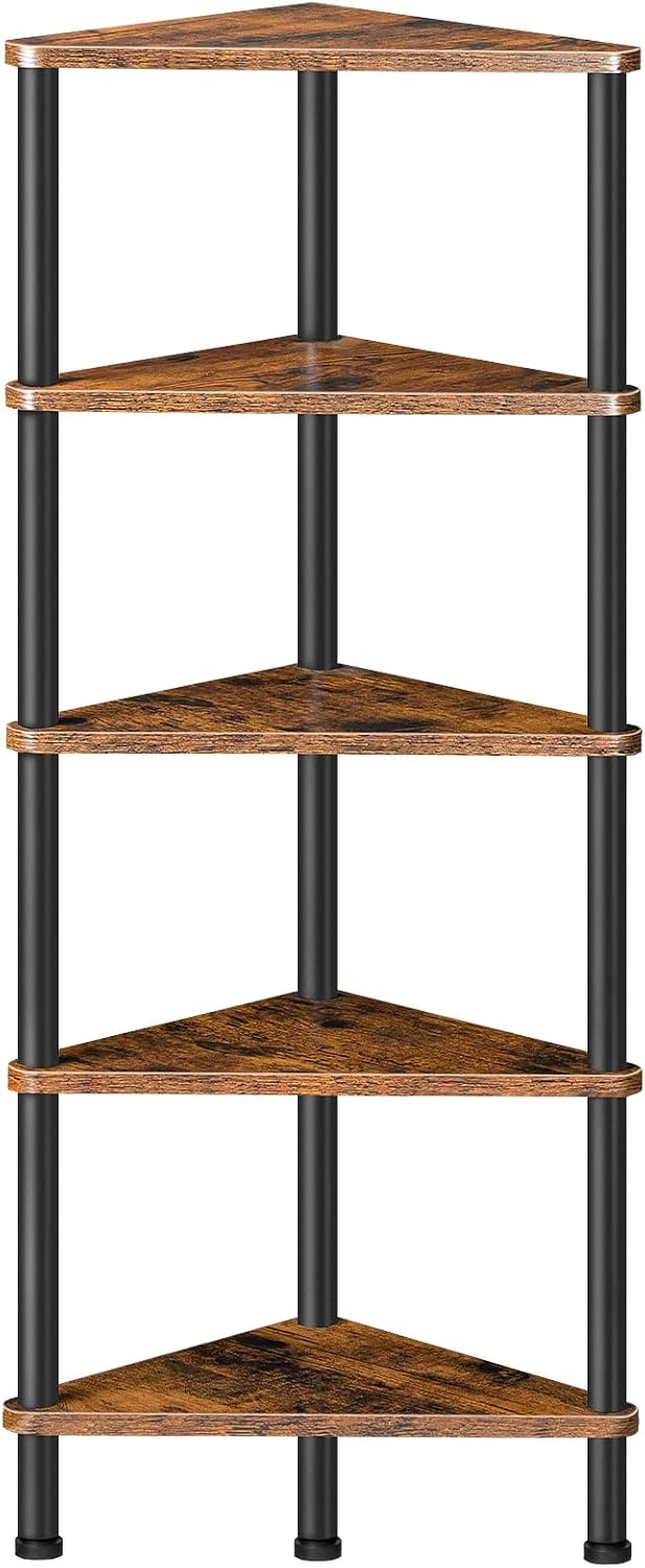 Corner Shelf Stand, Industrial 3-Tier Wall Corner Bookshelf with Metal Frame, Plant Display Shelf, Bookcase for Small Spaces, Living Room, Greige and Black BG30CJ01