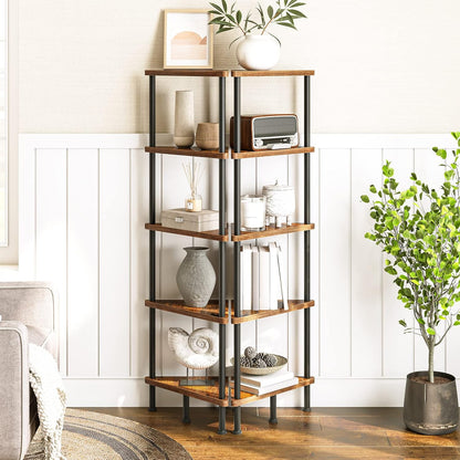 Corner Shelf Stand, Industrial 3-Tier Wall Corner Bookshelf with Metal Frame, Plant Display Shelf, Bookcase for Small Spaces, Living Room, Greige and Black BG30CJ01