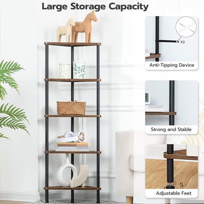 Corner Shelf Stand, Industrial 3-Tier Wall Corner Bookshelf with Metal Frame, Plant Display Shelf, Bookcase for Small Spaces, Living Room, Greige and Black BG30CJ01