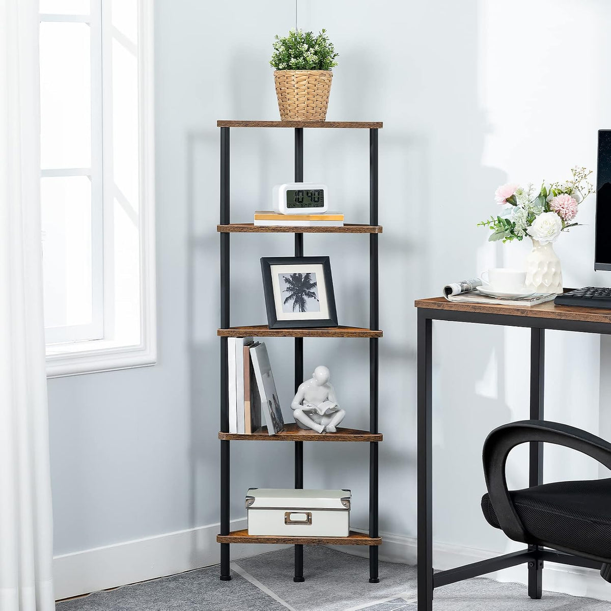 Corner Shelf Stand, Industrial 3-Tier Wall Corner Bookshelf with Metal Frame, Plant Display Shelf, Bookcase for Small Spaces, Living Room, Greige and Black BG30CJ01