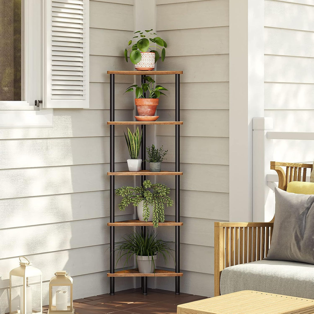 Corner Shelf Stand, Industrial 3-Tier Wall Corner Bookshelf with Metal Frame, Plant Display Shelf, Bookcase for Small Spaces, Living Room, Greige and Black BG30CJ01