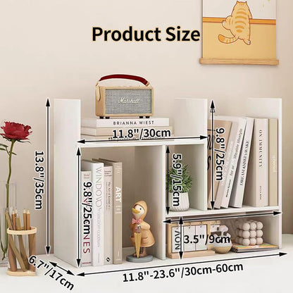 Desktop Shelf Organizer, Adjustable Wood Office Storage Rack, Counter Display Small Bookshelf for Home/Office/School(White)