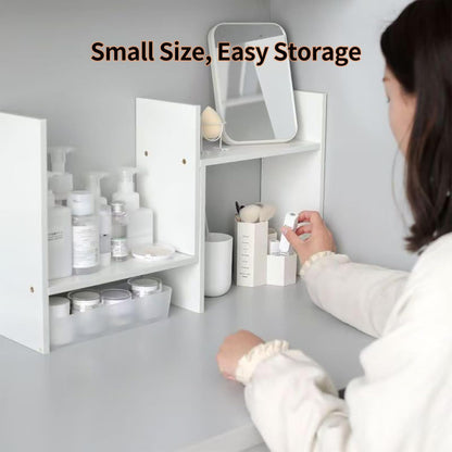 Desktop Shelf Organizer, Adjustable Wood Office Storage Rack, Counter Display Small Bookshelf for Home/Office/School(White)