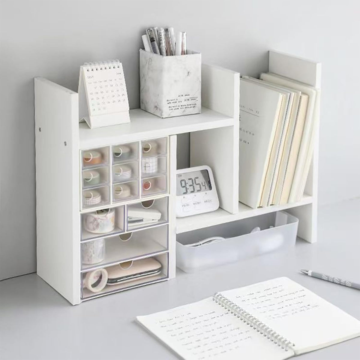 Desktop Shelf Organizer, Adjustable Wood Office Storage Rack, Counter Display Small Bookshelf for Home/Office/School(White)